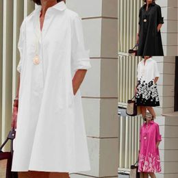 Casual Dresses Womens Long Sleeve V-Neck Button Down Shirt Dress Blouses Tops With Pocket Turn Collar A-line Drop