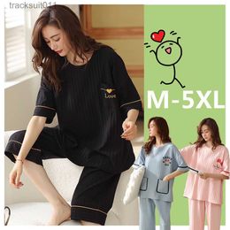 Women's Sleepwear M-5XL Sleepwear Pyjamas Women Cotton Plus Size Pajamas Set 3/4 Length Summer Short Sleeve Lady V neck Simple style Home wear L230918