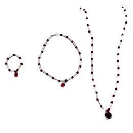 Necklace Earrings Set Stylish Red Heart Beaded Bracelet/Bamboo Joint Finger Rings/Necklace Jewellery