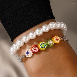 Link Bracelets 2pcs/set Elegant Pearl Stone For Women Colorful Acrylic Flowers Bead Adjustable Jewelry Accessories 19747