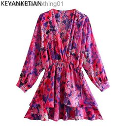 Basic Casual Dresses KEYANKETIAN Women Fashion V Neck Floral Print Double Layer Ruffles A Line Mini Shirt Dress Female Chic Loose Lace Up Lady Outfit L230918