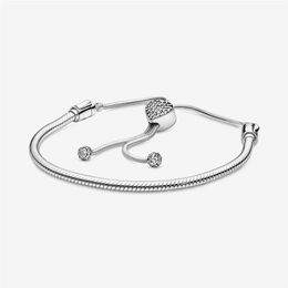 100% 925 Sterling Silver Adjustable Pave Heart Clasp Snake Chain Slider Bracelet Fashion Women Wedding Engagement Jewellery Accessor254R