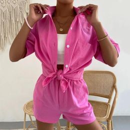 Women's Sleepwear Womem Pajamas 2 Piece Sets Casual Short Sleeve Lapel Shirt Tops And Mini Shorts Suits 2023 Summer Female Solid Homewear