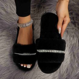 Slippers Ladies Solid Beaded Upholstered Winter Women'S Shoes Indoor House Cotton Slippers Woolly Cotton Slip On Flat Plus Size Slippers x0916