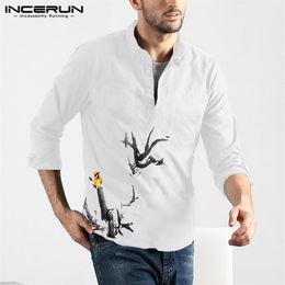 INCERUN Brand Tops Men Bird Printed Long Sleeve Casual Shirt Comfortable Cotton Single Breasted Stand Collar Mens Blouse 2019320W