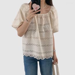 Women's Blouses Summer Puff Sleeve Hollow Out Embroidery Blouse Top Women 2023 Fashion Sweet Square Collar Cotton High Street Tops