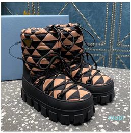 Plaque Ankle Boots Slip-On Chunky bottom Bootie Round toe Lace up Ski Snow boot women's outdoor shoes luxury designer Flat bottomed