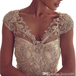 Gorgeous Beading New Lace Wedding Bolero Jacket Jewel Neck Cap Sleeve White Ivory V Neck Luxury Shawl Custom Plus Size274G