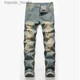 Men's Jeans Big Size Mens Classic Straight Leg Ripped Jeans Fashion Designer Slim Fit Washed Solid Hole Biker Hip Hop Retro Blue Denim Pants JB2 L230918