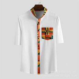 Men Shirt Streetwear Ethnic Style Printed Short Sleeve Tops Stand Collar Button Men African Clothes Dashiki Camisa247j