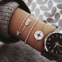 Link Bracelets 3 Pcs/Set Vintage Silver Color Gold Letters Arrow Punk Key Stars Moon Simple Bracelet Set Women Party Jewelry