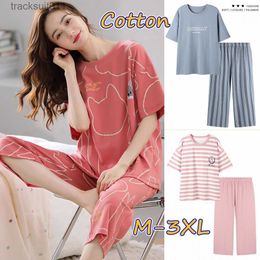 Women's Sleepwear Plus Size Sleepwear 3/4 Length Pyjamas Women M-3XL Cotton Short Sleeve Pajamas Set Popular Plaid Stripe Printing Homewear L230918