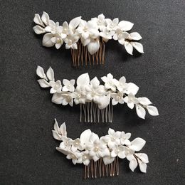 Headbands Hair Jewellery SLBRIDAL Handmade Crystal Pearls Ceramic Flower Bridal Hair Comb Hair Accessories Bridesmaids Women Jewellery 230918