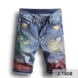 Men Short jeans Color Painting biker Pants Skinny Ripped holes Men's Denim Shorts Designer jeans2317