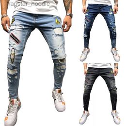 Men's Jeans Men's Jeans Men Modis Printed Biker Stretchy Ripped Skinny Destroyed Taped Slim Denim Pants 2021 L230918