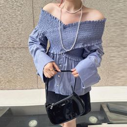 Women's Blouses Kuzuwata Japanese Shoulder Strapless Solid Color Ruched Shirt Japan Style Long Sleeves Single Breasted Blouse Fashion Chic