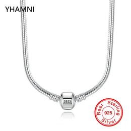 YHAMNI Original 925 Solid Silver Snake Chain Necklace Secure Ball Clasp Beads Charms Necklace For Women Wedding Gift Jewellery N0052184