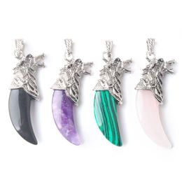 Pendant Necklaces Fashion Mixed Natural Stone Quartz Wolf Tooth Pendants Necklace For Alloy Head Jewellery Men Charm 10Pcs Wholesale Bz9 Dhosx