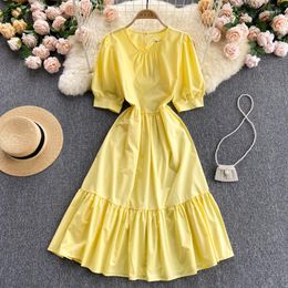 Party Dresses Casual For Women 2023 Elegant Ruffle Hem Belted Midi Dress Round Neck Short Puff Sleeve Summer Clothes