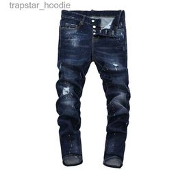 Men's Jeans Tops Men Ripped Painted Dark Blue Jeans Fashion Designer Slim Fit Low Waist Biker Denim Pants Hip Hop Trousers NJ7912 L230918