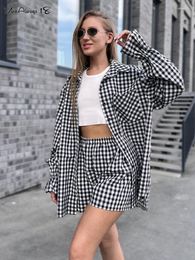 Women's Tracksuits Street Style Plaid Shorts Suits Oversize Shirts And Wide Leg Casual Women Gingham Sets Autumn 2023