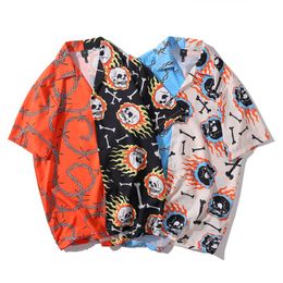 Mens Hip Hop Shirts Streetwea Hawaiian Fire Skull Chain Harajuku Beach Shirt Summer Tops Short Sleeve210U