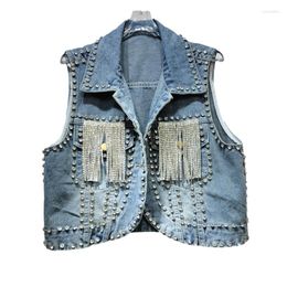 Women's Vests Vintage Blue Diamonds Tassels Denim Vest Women Spring Summer Slim Short Cowboy Waistcoat Casual Sleeveless Jeans Jacket Female