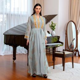 Ethnic Clothing 2 Piece Muslim Sets Dubai Evening Dresses Women Outfits Golden Appliques Open Abaya With Inner Dress Saudi Arab Moroccan