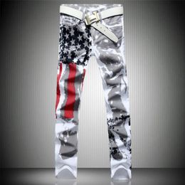 2017 New Arrival Men Casual American USA Flag Printed Jeans Pants Mens Graffiti Print white hip-hop fashion Jeans262c