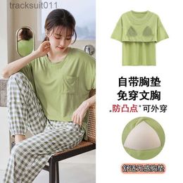 Women's Sleepwear Women Pyjamas Model Cotton Pyjamas Set Short Sleeve Sleepwear Lady Chest Pad Simple style Plain Stripe Home wear L230918