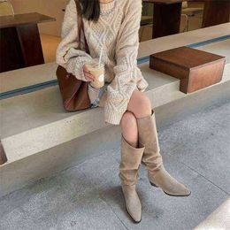 Knee High Boots Ladyslip on Simple Pleated Stretch Suede Winter Botas Big Circumference Spring Autumn Woman Large 220815