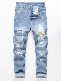 Mens Jeans Designer Slim Fit Slashed and Ripped Denim with Stylish PatchCausal Fashion Street Style 230915
