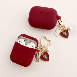 Earphone Accessories Pearl Love Rose Vintage Keyring For AirPods 1 2 Case Wine Red Protective Airpods Pro 3 Headphone Cute 230918