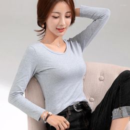 Women's T Shirts Casual Basic Women 2023 Autumn O-neck Cotton Full Sleeve Stretch Solid Under Ladies Pullover Leisure