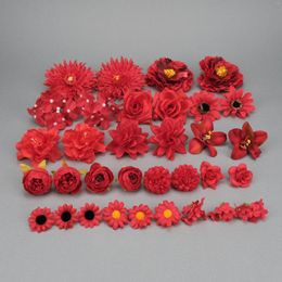 Decorative Flowers 33Pcs Red Artificial Silk Flower Heads Set Bulk Fake Christmas Tree Decor