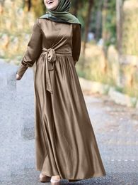 Ethnic Clothing Autumn Long Sleeve Solid Satin Muslim Dress Women Dubai Turkey Abaya Hijab Sundress Robe 2023 Fashion Femme Kaftan Vestidos