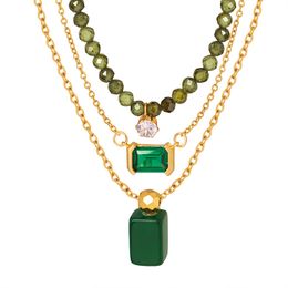 Hong Kong style retro emerald square pendant necklace titanium steel zircon glass stone clavicle chain assorted accessories wholesale women