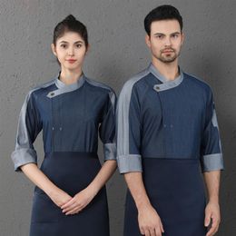 Cook Men Shirts Unisex Chef Uniform Patchwork 3 4 Sleeve Food Service Restaurant Kitchen Bakery Chef Jackets2638