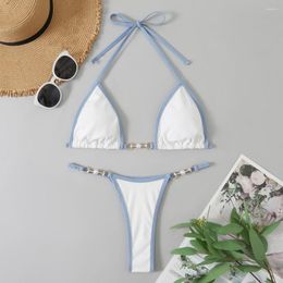 Women's Swimwear Women Bikini Set Contrast Color Halter Neck Three-point Pearl Deep V Swimming Suit Bathers Micro Thong Bikinis