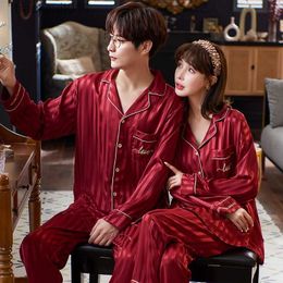 Women's Sleepwear Wedding Red Pajamas Couple Plus Size Silk Satin Pyjamas Men Women Long Sleeve Sleepwear Male Suit Baju Tidur Wanita Set L230918