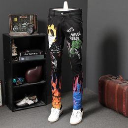 Men's Jeans Fashion Streetwear Men Slim Fit Paint Printed Designer Pencil Pants Black Color Personality Hip Hop Homme203T