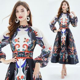 Women Trendy Printed Dress Boutique Lanter Sleeve Dresses Spring Autumn Big Swing Dress High-end Fashion Lady Printed Big Swing Dreses Party Runway Dress