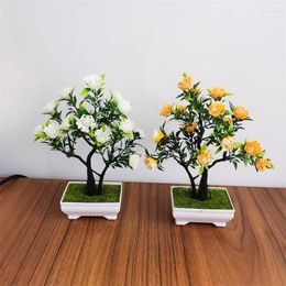 Decorative Flowers 16Heads Artificial Rose Flower Tree White Champage Pink Bonsai With Pot Fake Tabletop Ornaments Decor For Home