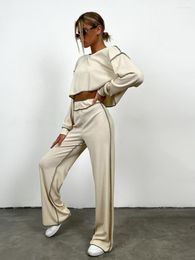 Women's Sleepwear 2023 Fall Casual Women Suits Sexy Crop Top High Waist Wide Leg 2 Piece Pants Sets Femme Clothes Long Sleeve O-Neck