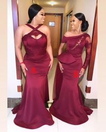 2023 Dark Red Mermaid Bridesmaid Dresses Two Different Style South African Wedding Guest Evening Party Gowns Maid of Honour Dress Plus Size