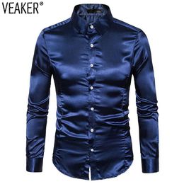 Men's Silk Satin Party Shirts Male Slim Fit Long Sleeve Solid Colour Shiny Nightclub Wedding Shirt 10 Colours S-2XL Casual296E