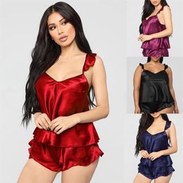 Bras Sets 2Pcs Sexy Summer Lingerie Satin Slik Women Sleepwear Tops Ruffles Shorts Nightwear Set S-XXL274O