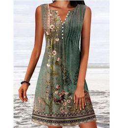 Summer V Neck Floral Printed Dress for Women Vinatge Casual Loose Fit Sleeveless Comfortable Elegant Beach T Shirt