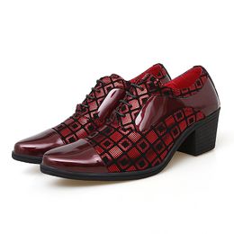 New Fashion Red Plaid Men's Dress Shoes Pointed Leather High Heel Shoes Men Height Increasing Wedding Shoes Men zapatos hombre For Boys Party Boots 38-44