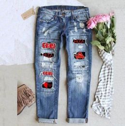 Women's Jeans Direct Cross-Border European And American Greek Sorority Middle Waist Printed Sticker Hole Washed For Women 2023